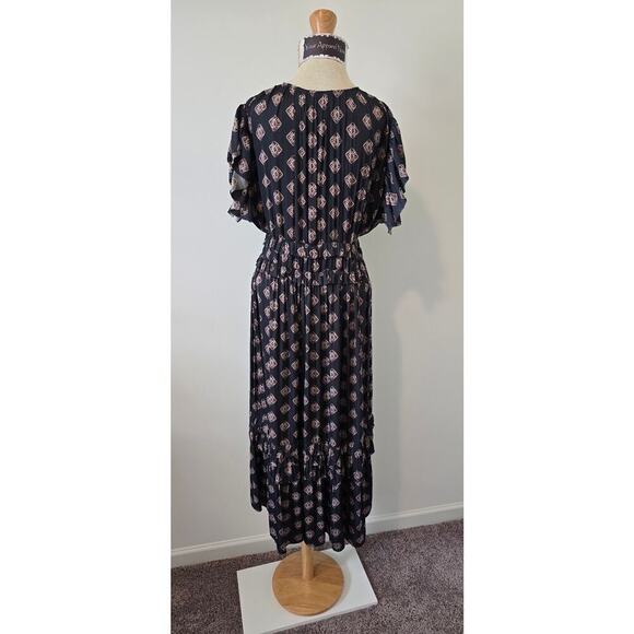 bohme Flutter Sleeve Gray Diamond Print Tiered Midi Dress Sz Small (0946) - Picture 2 of 4